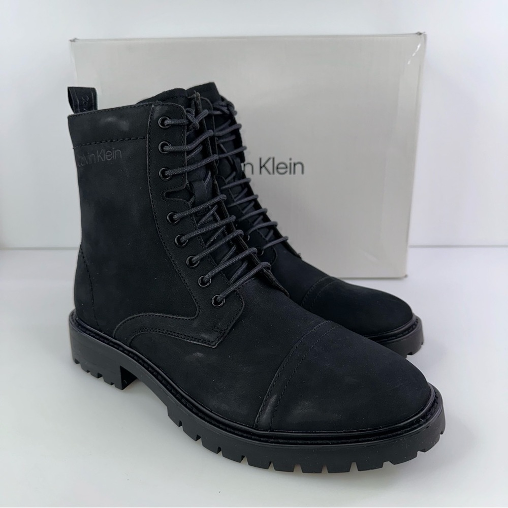 CALVIN KLEIN Mens Black Pull Tab Lorenzo Round Toe Block Heel Leather Boots